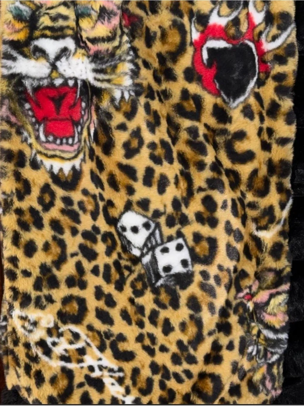 Ed Hardy Leopard & Tiger Faux Fur Throw in Yellow, Black & Red Accents